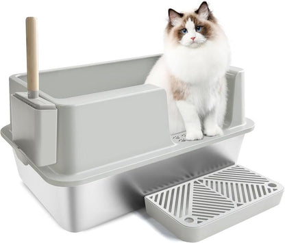 Enclosed Stainless Steel Litter Box with High Enclosure and Leak-Proof Design, Extra Large Litter Box for Big Cats