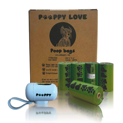 "Pooppy Love: Biodegradable Dog Poop Bag Rolls (270 Pcs, 9"X13"), Extra Thick (17 Micron), Leak-Proof, Unscented. Includes Dispenser and Clip. Ideal for Puppies and Dogs. Replacement Rolls for Pet Waste Management."