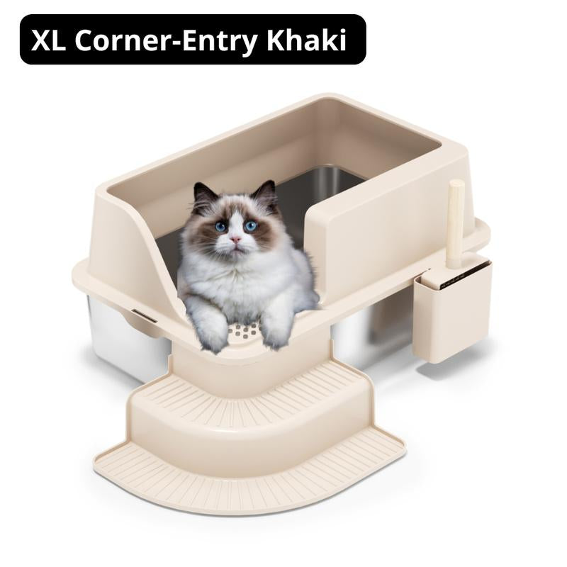 Enclosed Stainless Steel Litter Box with High Enclosure and Leak-Proof Design, Extra Large Litter Box for Big Cats