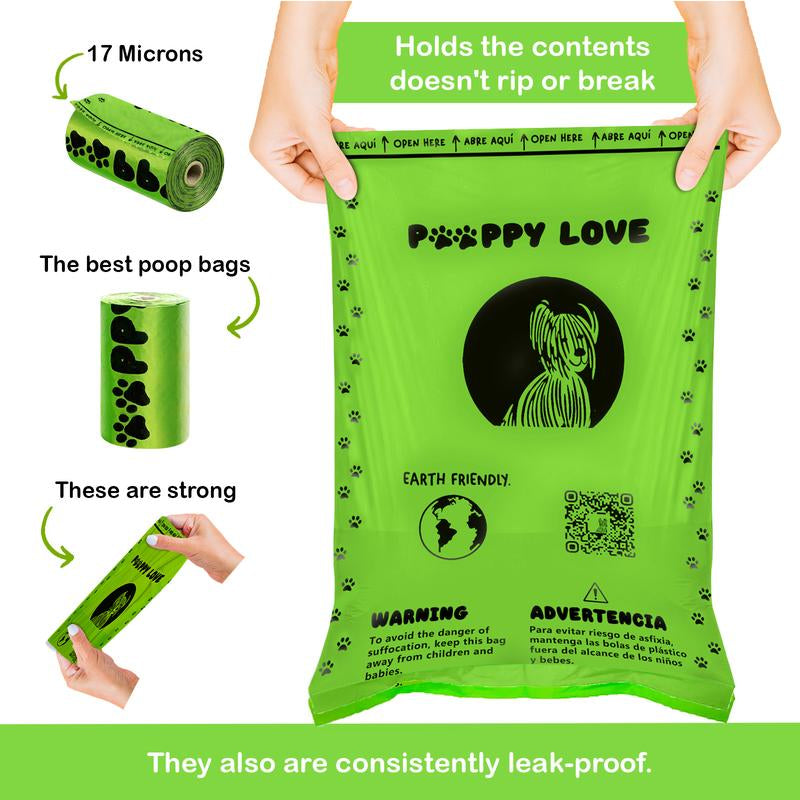 "Pooppy Love: Biodegradable Dog Poop Bag Rolls (270 Pcs, 9"X13"), Extra Thick (17 Micron), Leak-Proof, Unscented. Includes Dispenser and Clip. Ideal for Puppies and Dogs. Replacement Rolls for Pet Waste Management."